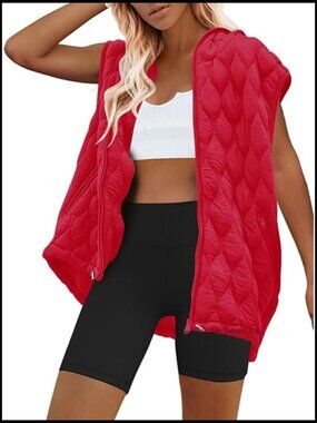 Oversized Puffer Vest Sleeveless Quilted Jacket Zip Up Hooded Puffy Winter Coat